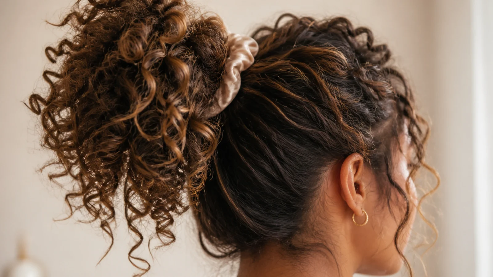 Curls gathered high on the head with the pattern left loose and uncompressed