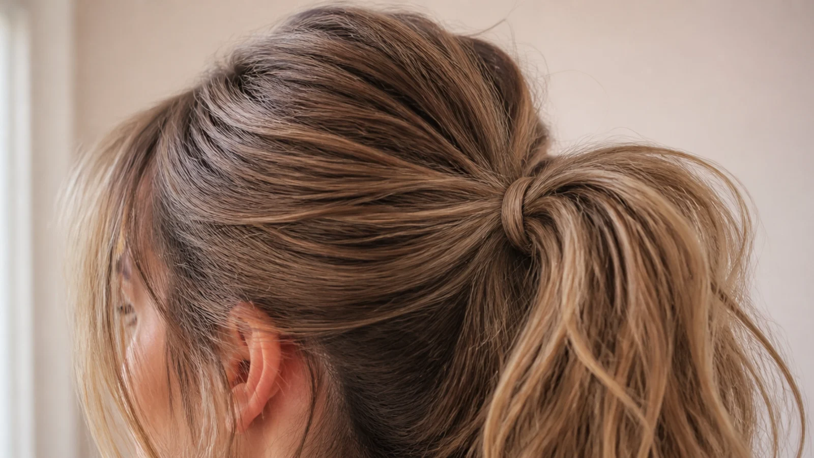 Crimped roots visible at the crown supporting a full high ponytail