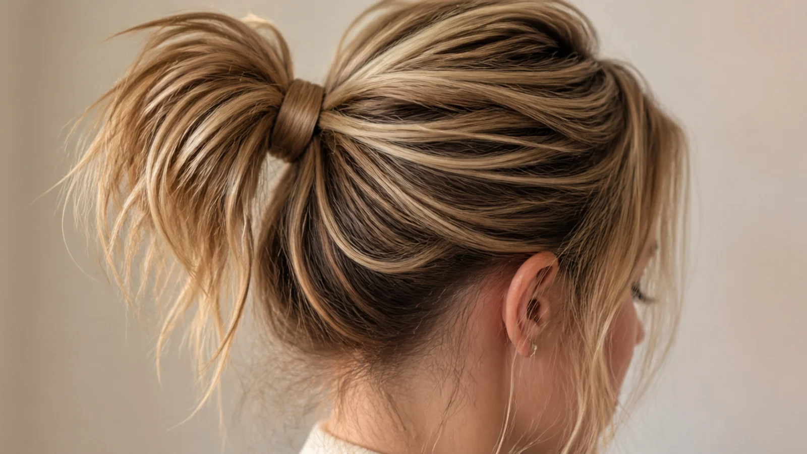 A short high ponytail held by a hooked bungee band