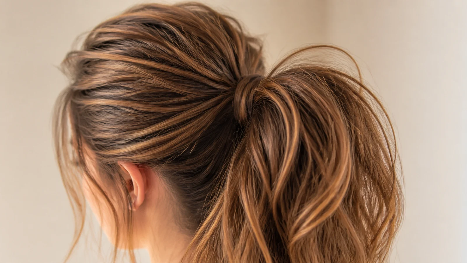 A thick high ponytail with a smooth surface over a teased under layer