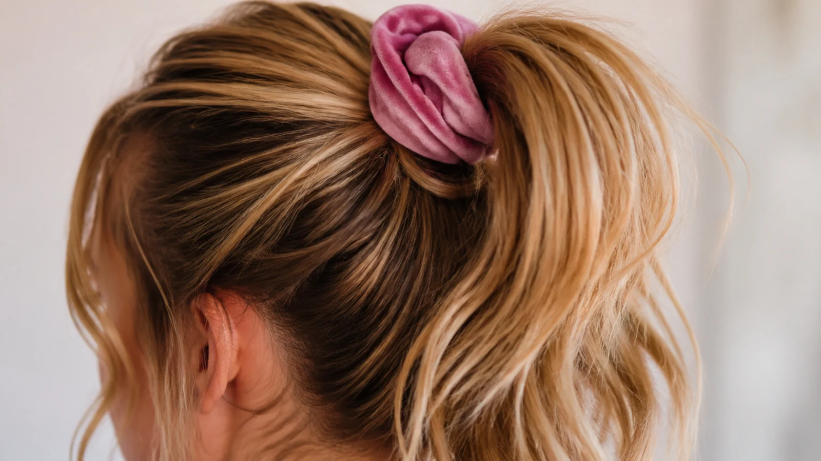 An oversized scrunchie gathered around the base of a high ponytail
