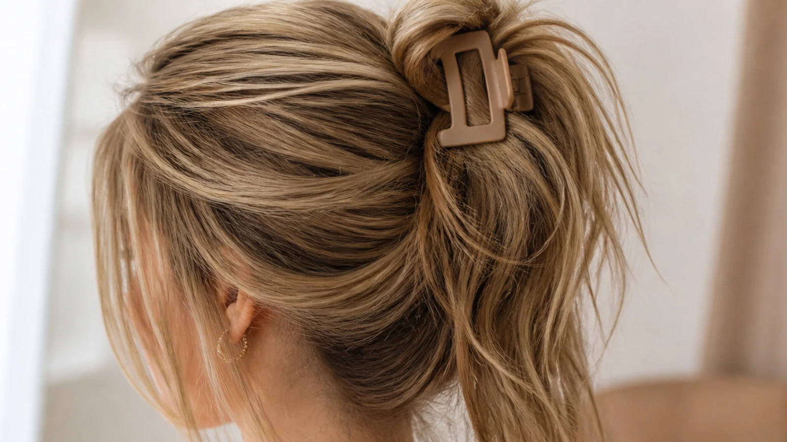A claw clip gripping a twisted section high on the back of the head