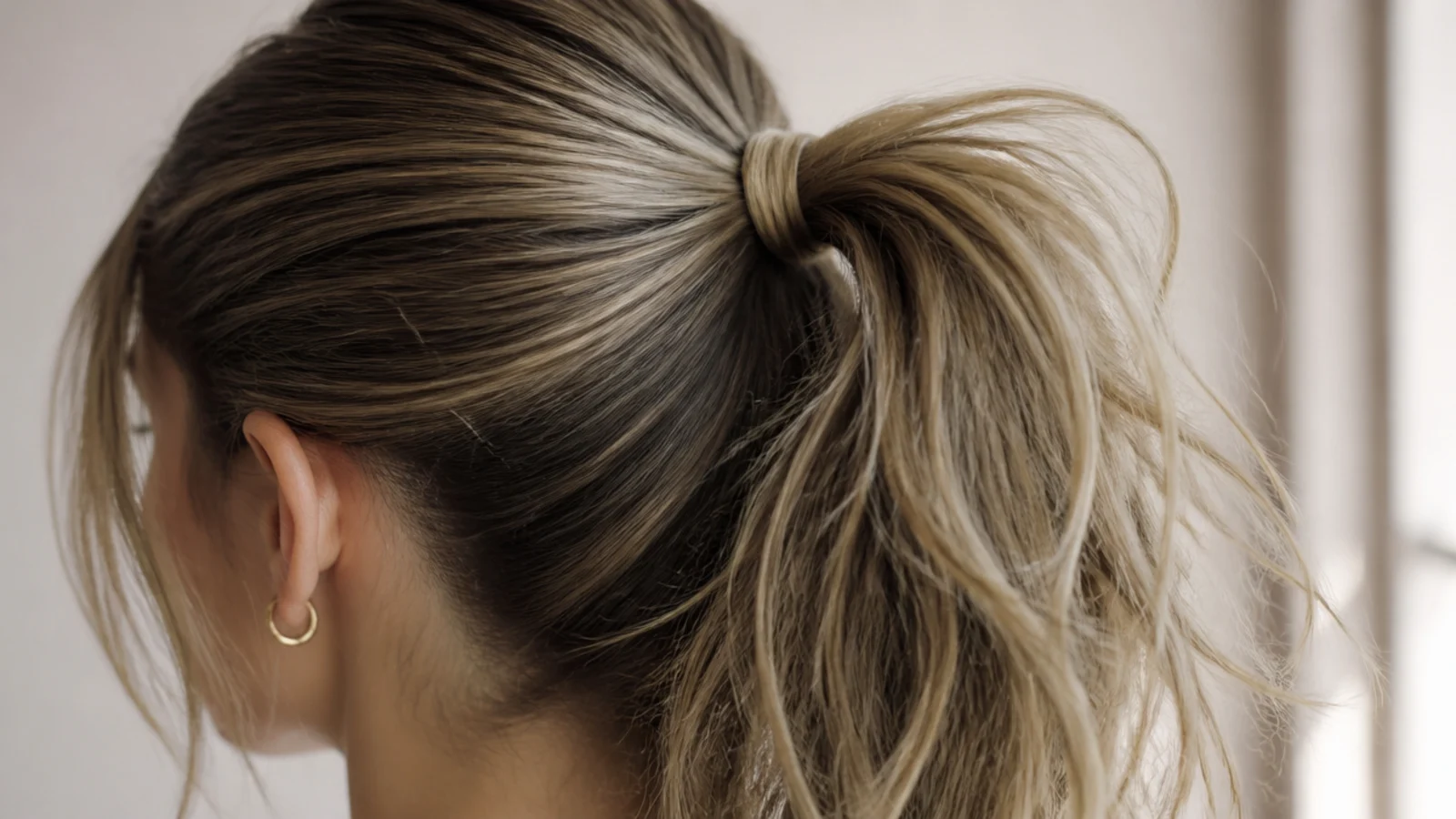 Smooth roots running into a high ponytail with a rough textured length