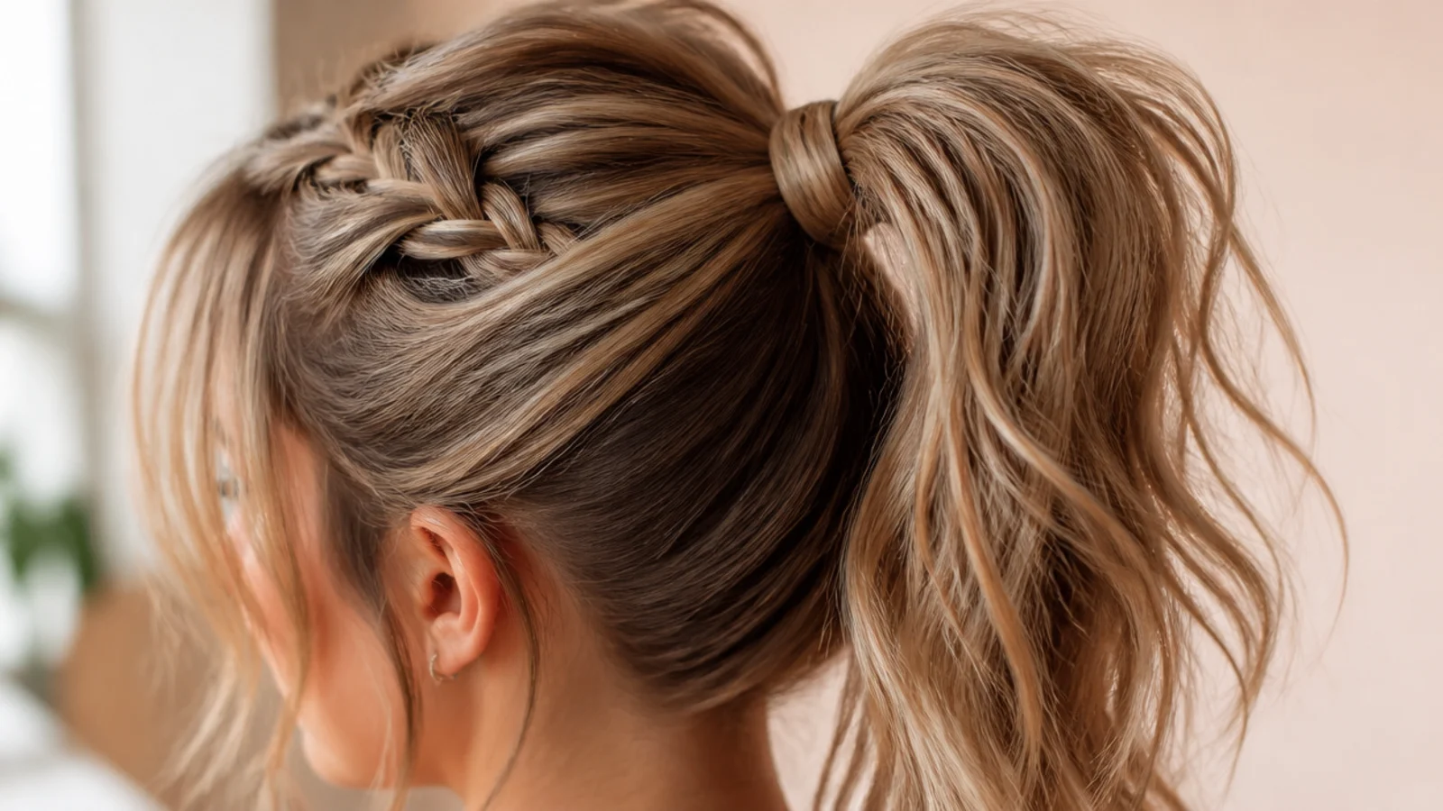 A braid running up the back of the head into the base of a high ponytail