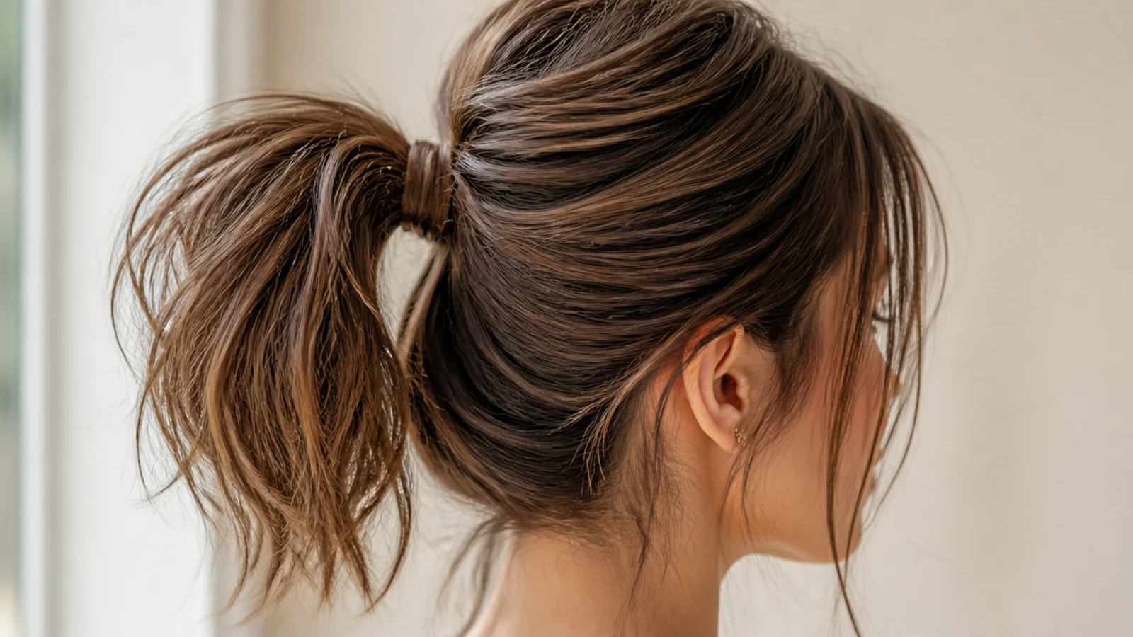 A firmly tied high ponytail with the tail swinging clear of the shoulders