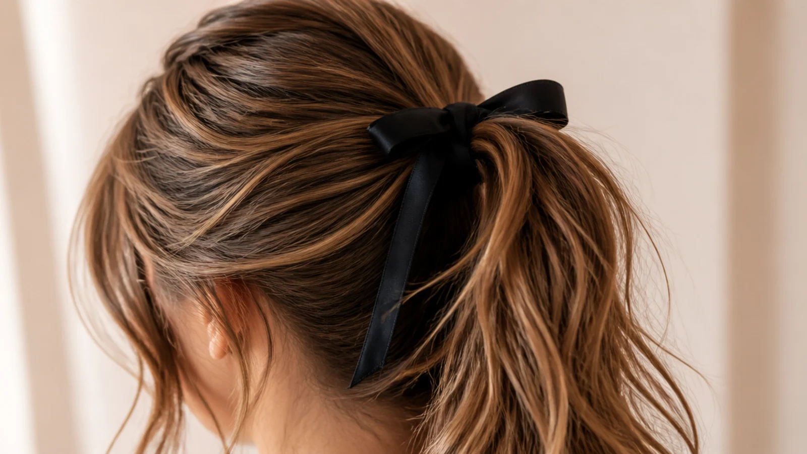 A silk ribbon knotted over the base of a high ponytail with trailing ends
