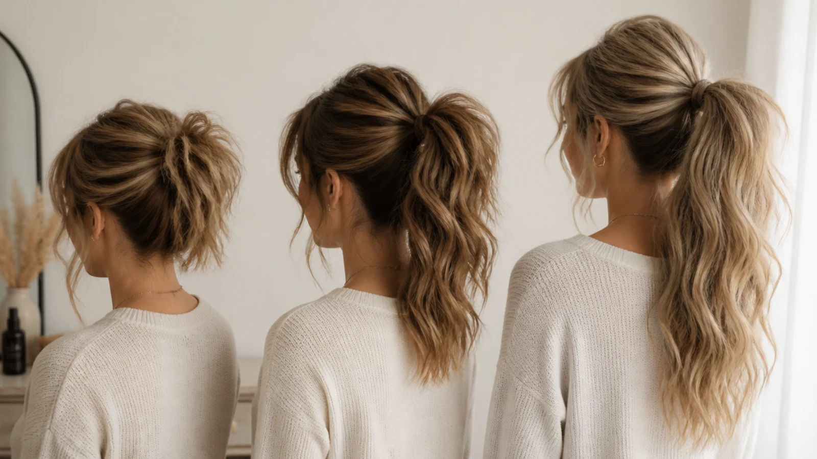 High ponytails shown at bob, shoulder and very long lengths side by side