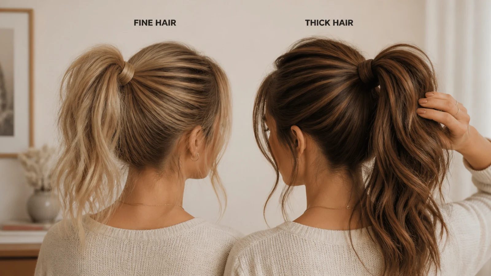 A split frame comparing a fine haired high ponytail with a thick haired one
