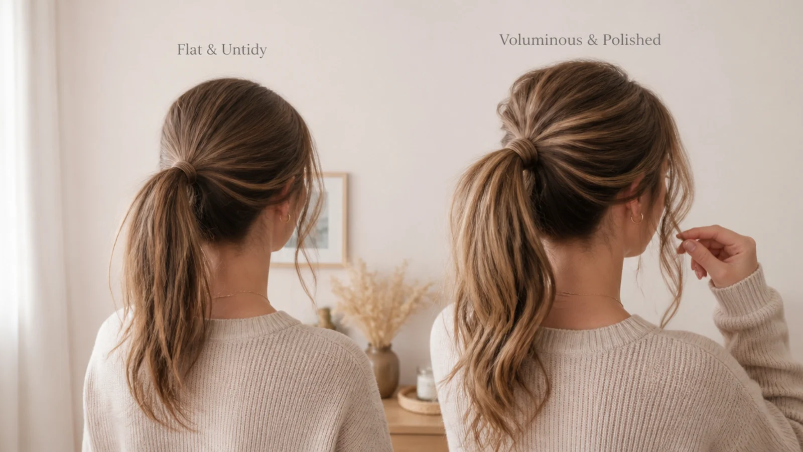 A high ponytail with a wide textured crown and a firmly secured base