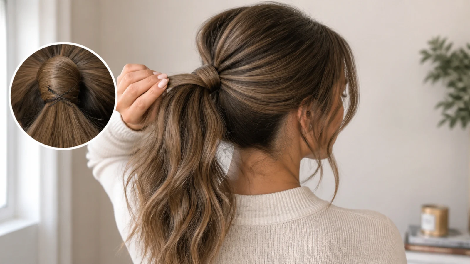 A ponytail base held high on the crown with pins set beneath the elastic