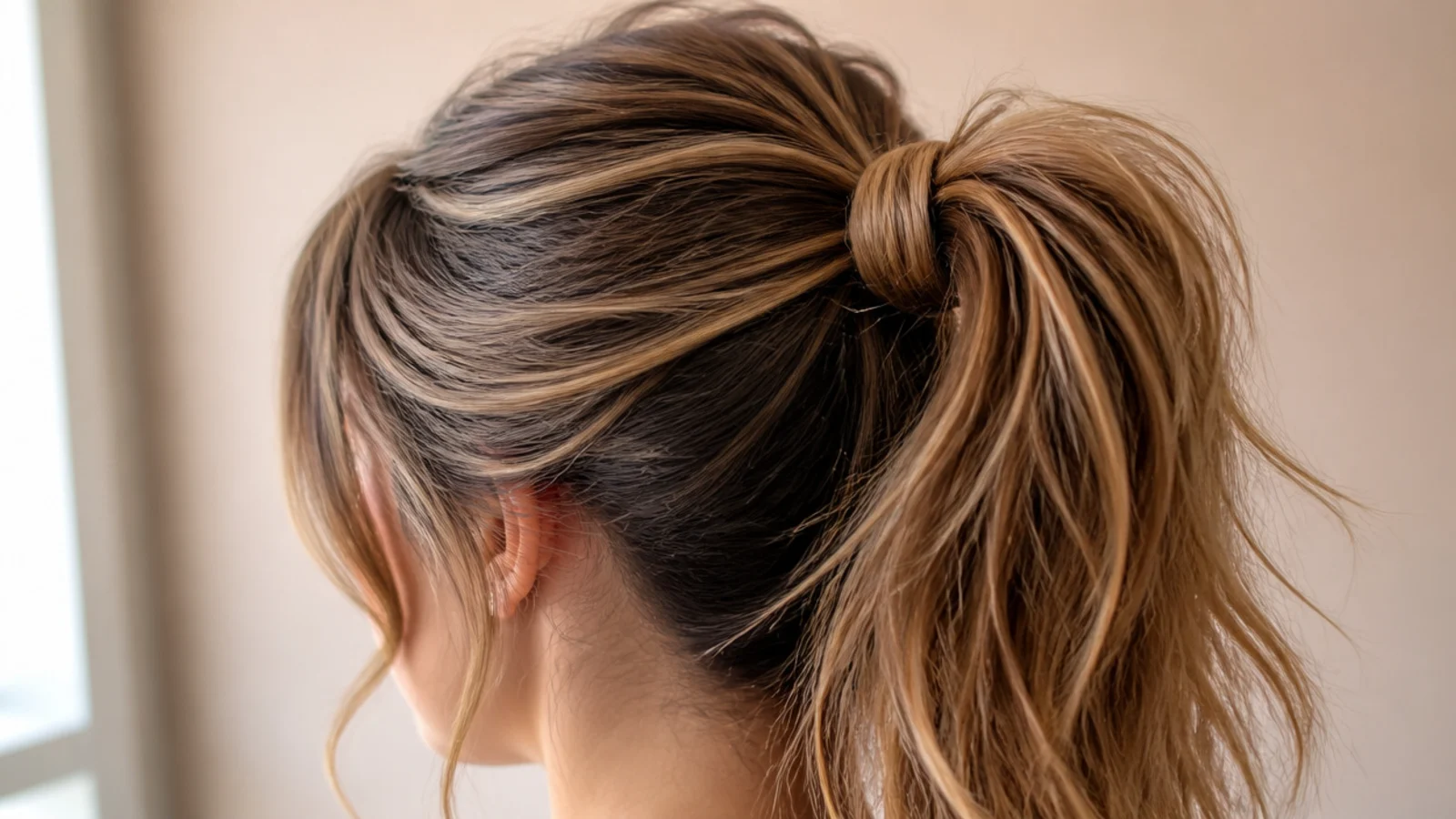 A lived in high ponytail with soft bends running through the length