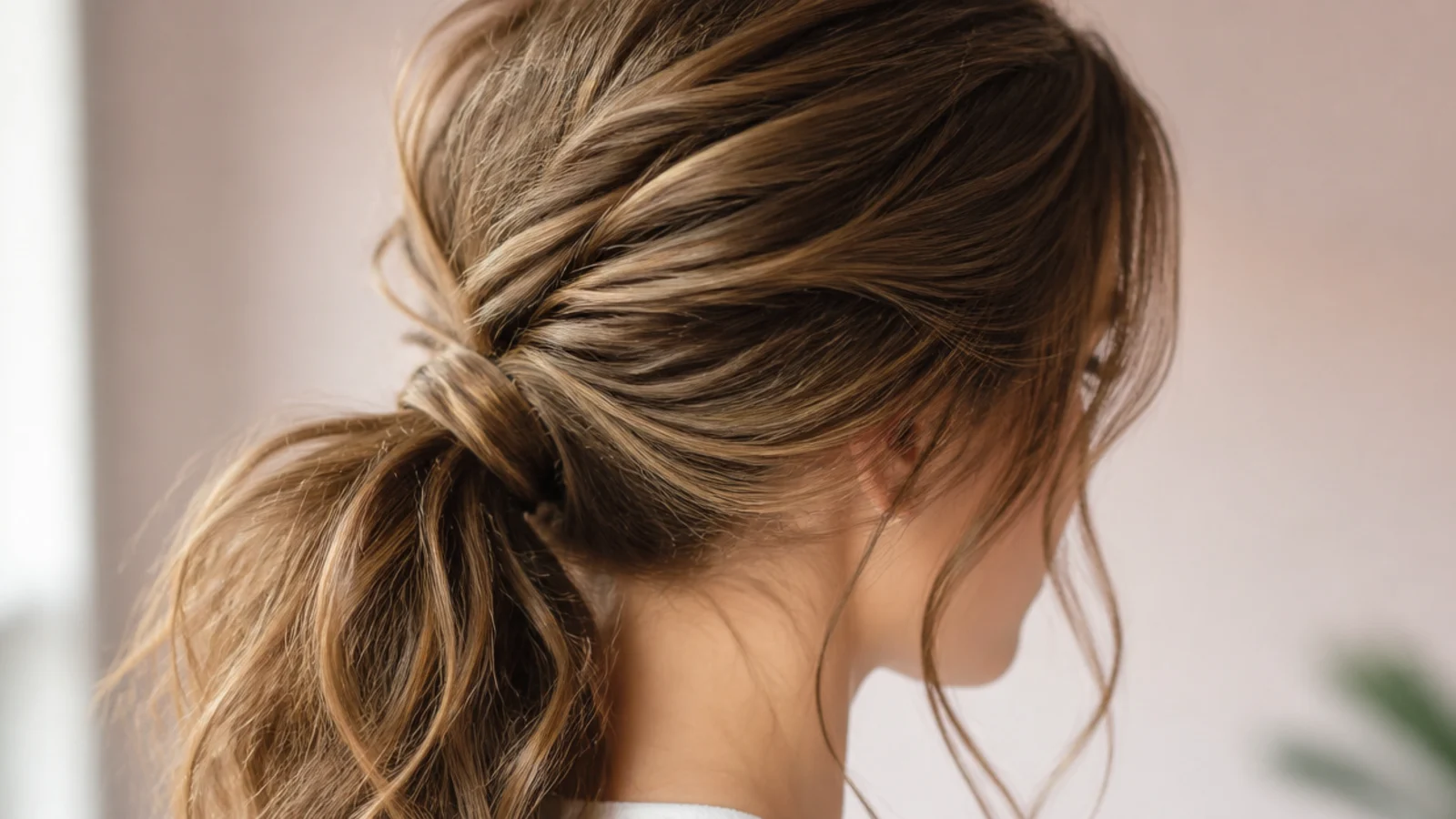 A low ponytail resting at the nape with a softly textured length