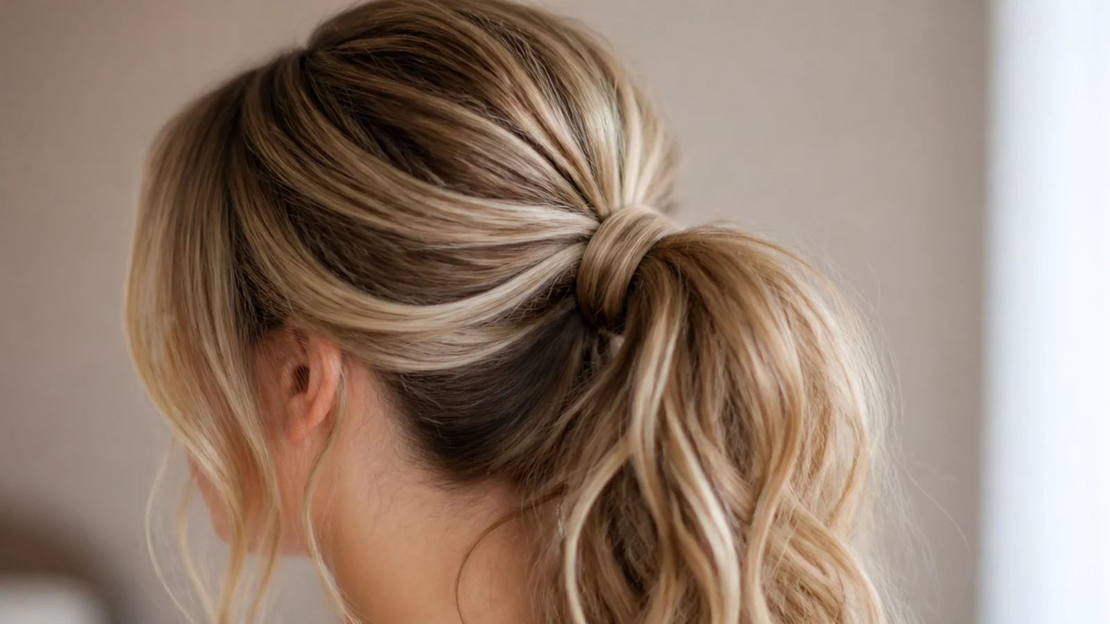 Fine strands released at both temples beside a gathered ponytail