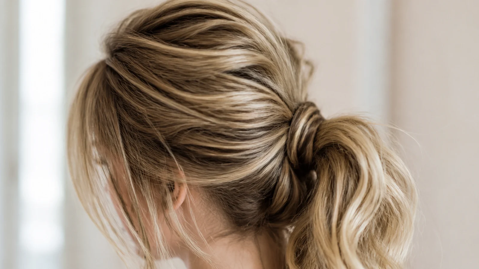 A raised crown on fine hair above a gathered ponytail