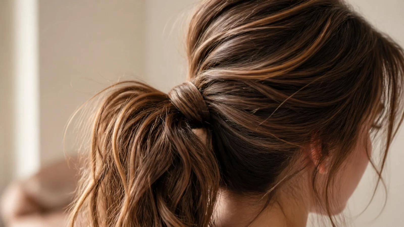 A strand wound around a ponytail base completely hiding the elastic