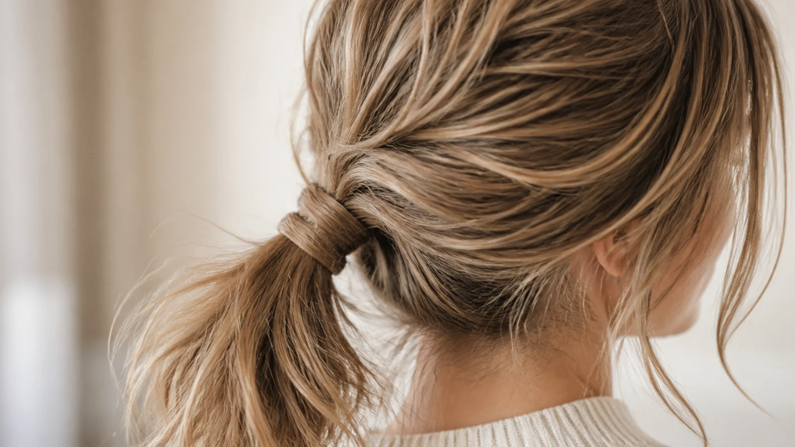 A short ponytail secured with two stacked elastics