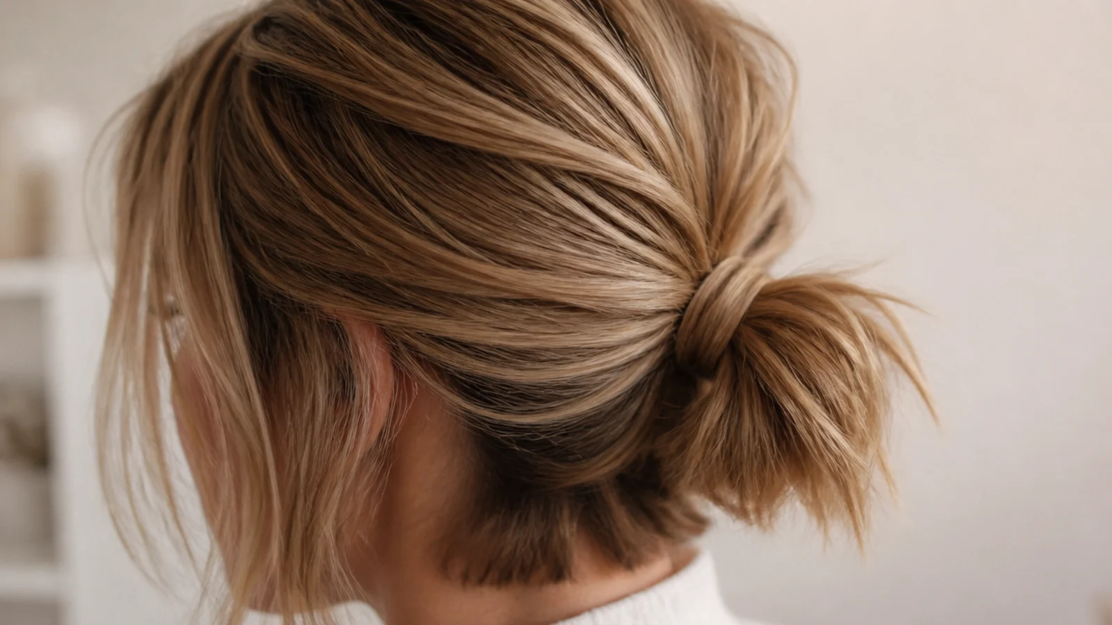 A bob gathered into a small ponytail held by a hooked bungee band