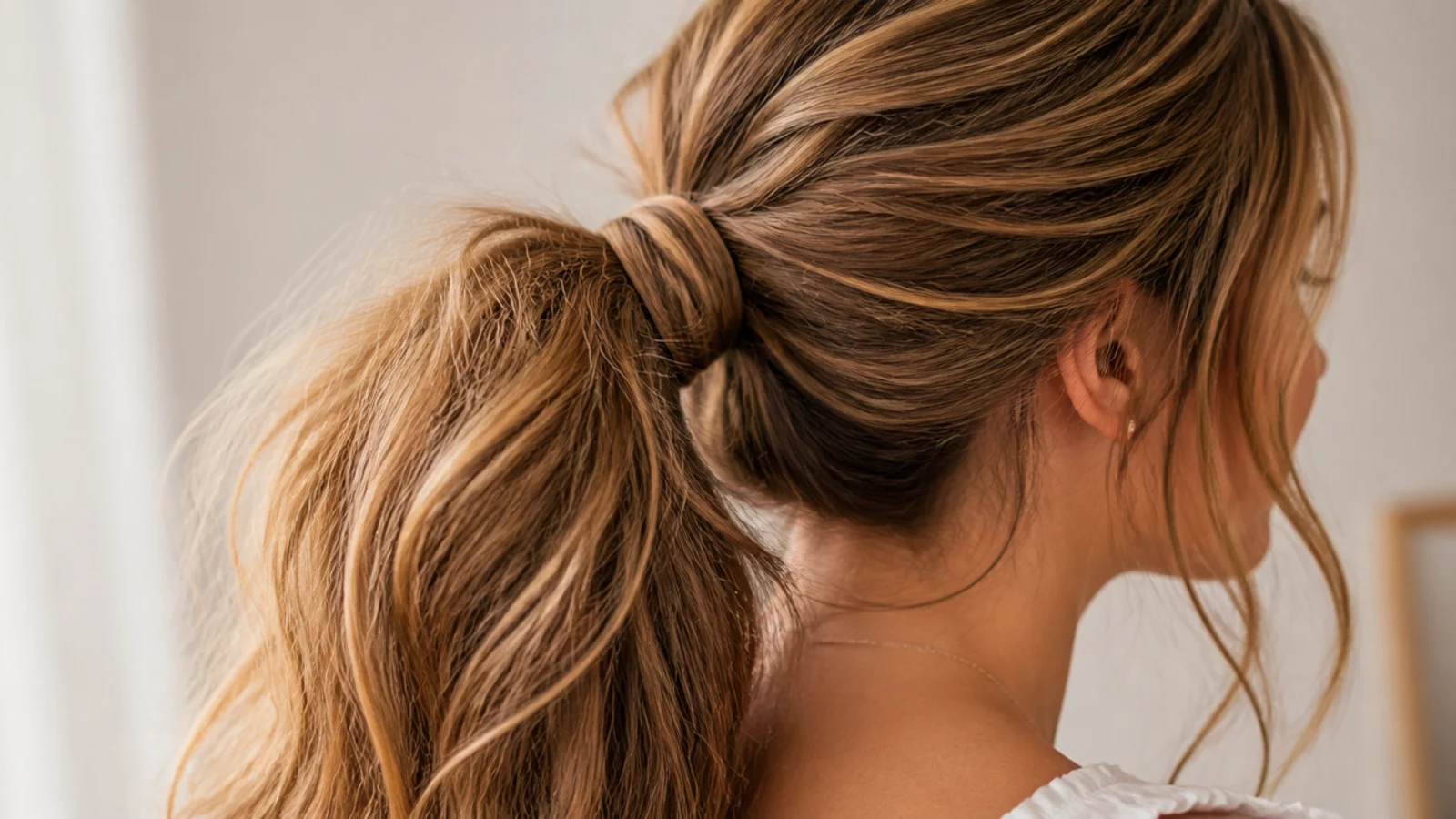 A long thick ponytail secured by two separate bands at the base