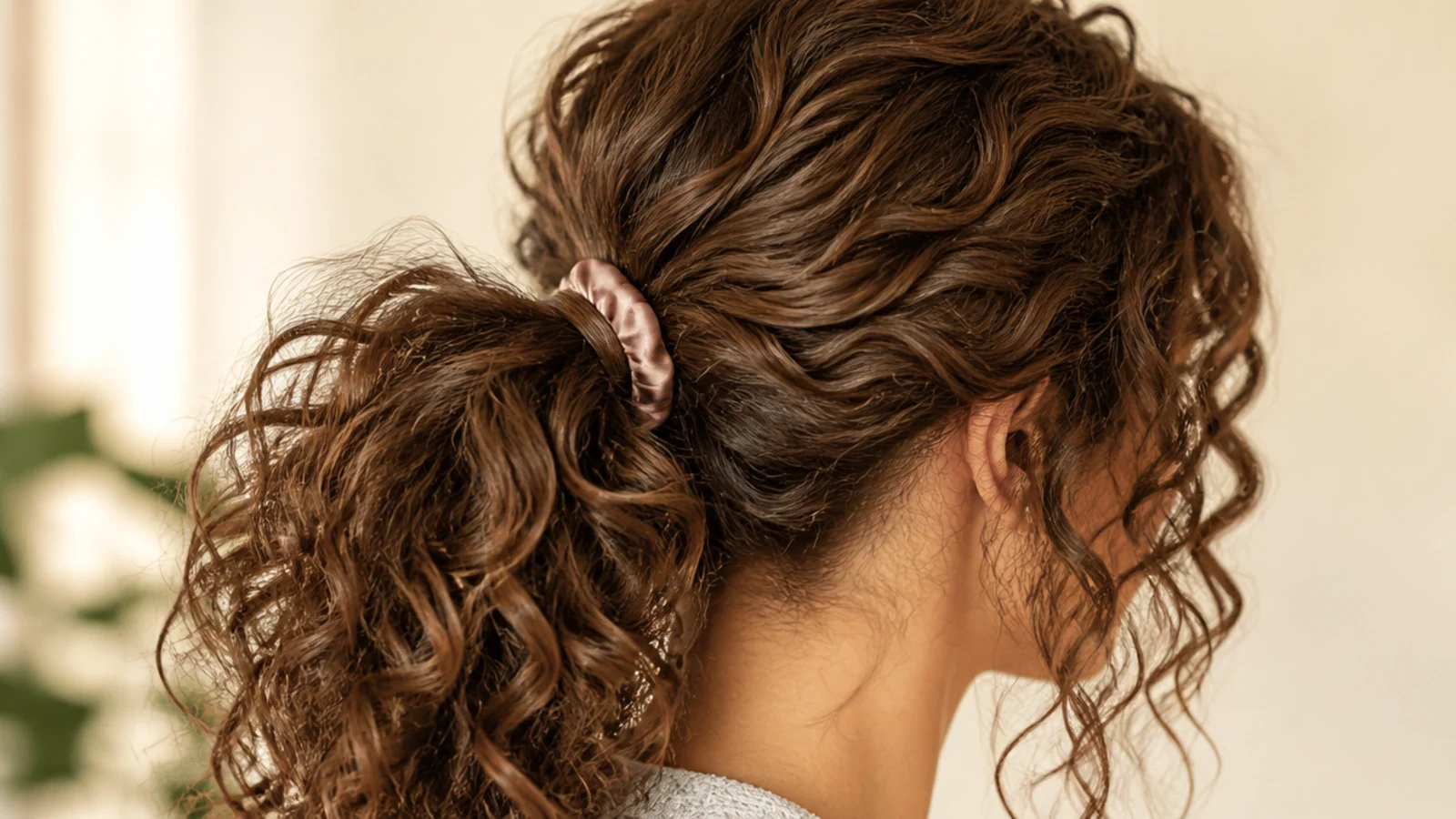 Defined spiral curls gathered into a loose ponytail at the back of the head