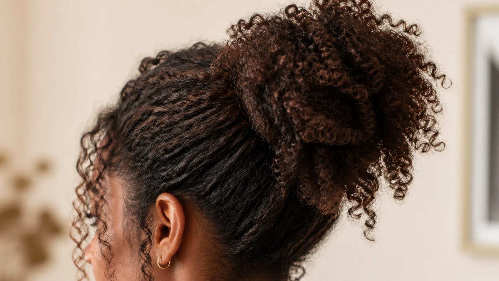 Coils gathered loosely on top of the head in a pineapple