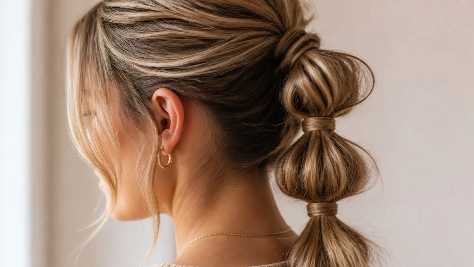 A ponytail divided into rounded segments by small clear elastics