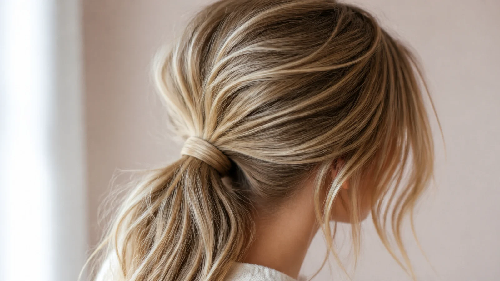 A ponytail brought forward over one shoulder with the other side smooth