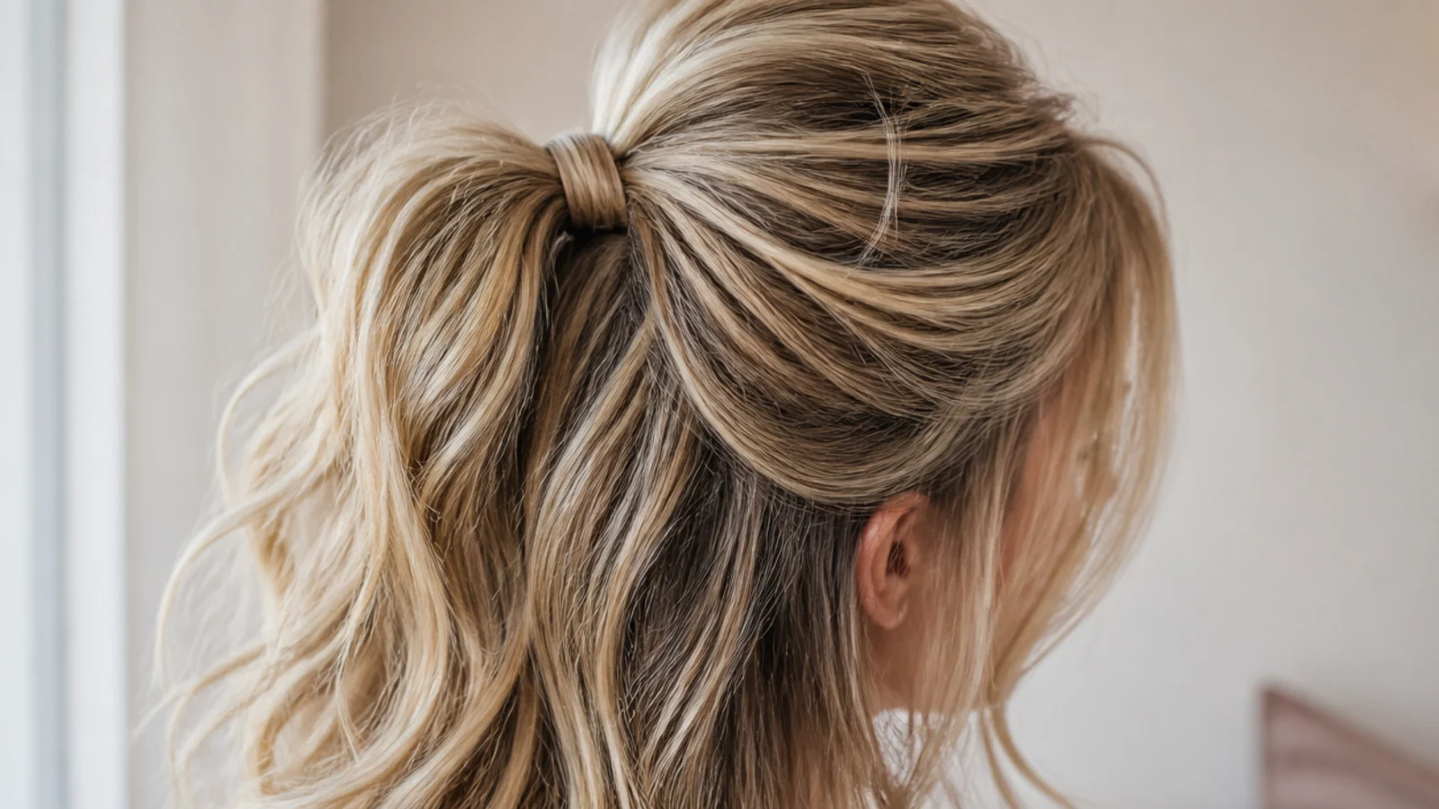 The top section gathered into a small ponytail with the length left down