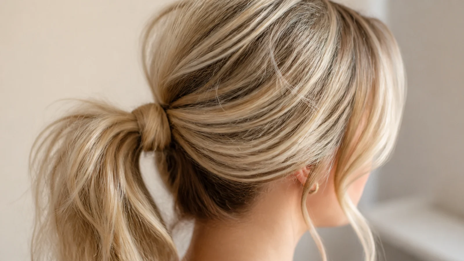 A ponytail tied behind a soft parted fringe left loose at the front