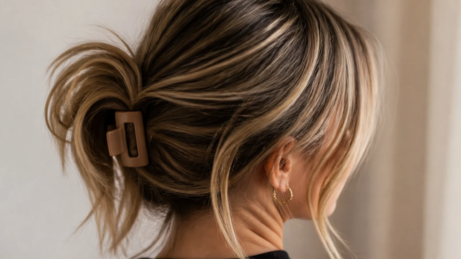A claw clip closed over a twisted section at the back of the head