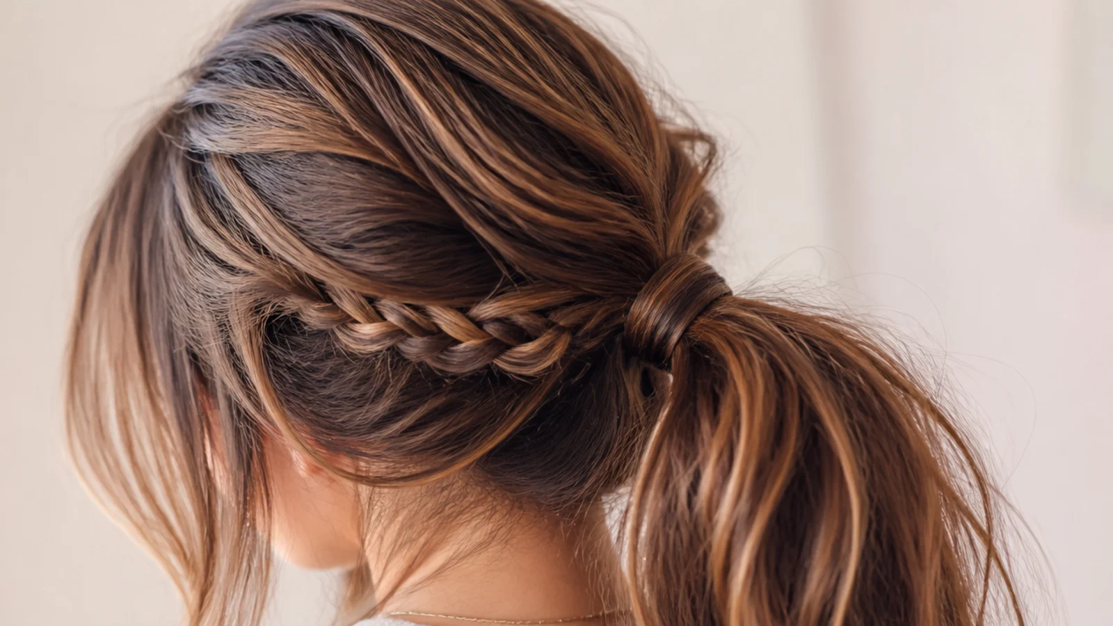 A braid running into the base of a gathered ponytail