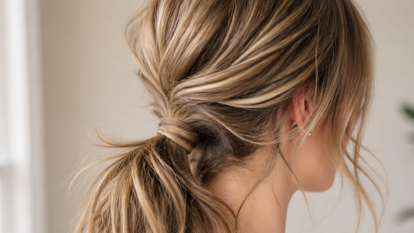 A low textured ponytail with a smooth crown and a hidden elastic