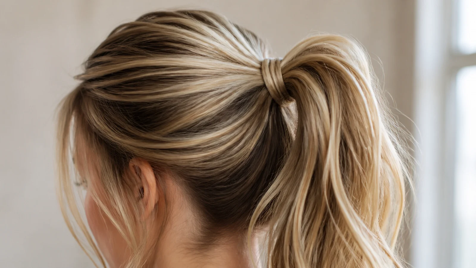 A firmly secured high ponytail swinging clear of the shoulders