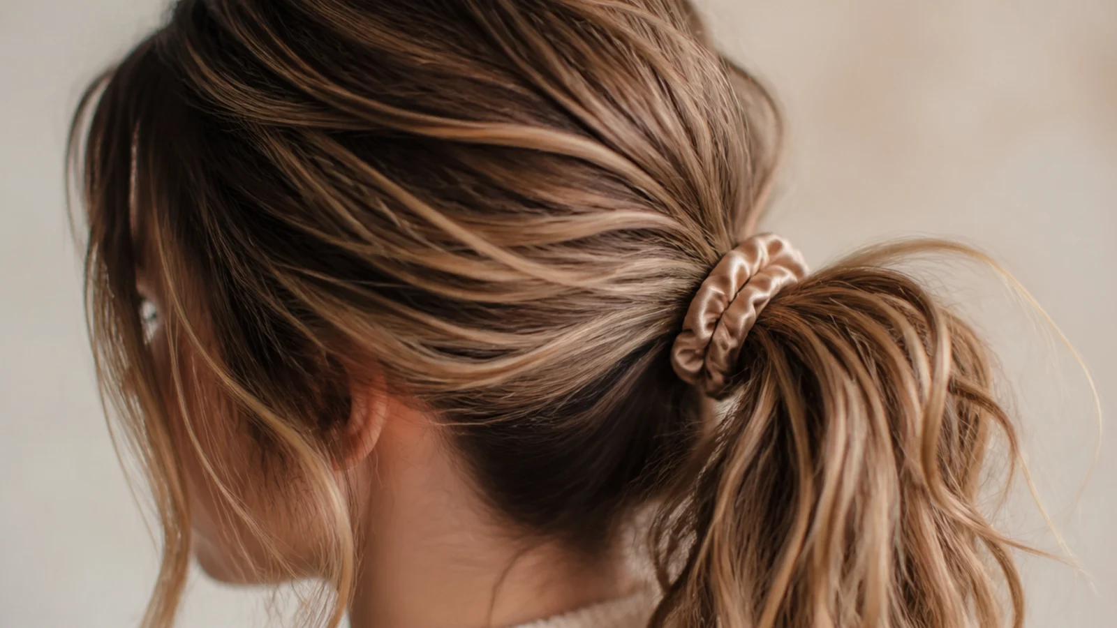 A soft scrunchie gathered around a ponytail of loose second day waves