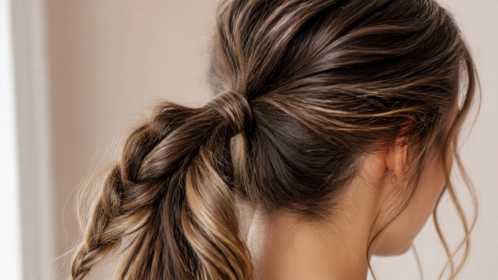 Two twisted strands wound around each other down the length of a ponytail