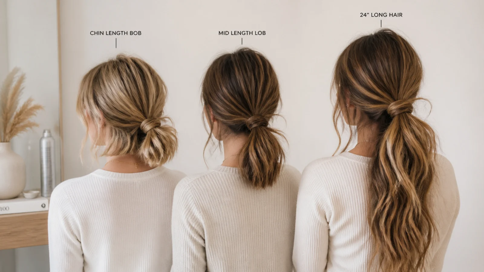 Ponytails shown at short, shoulder length and very long lengths side by side