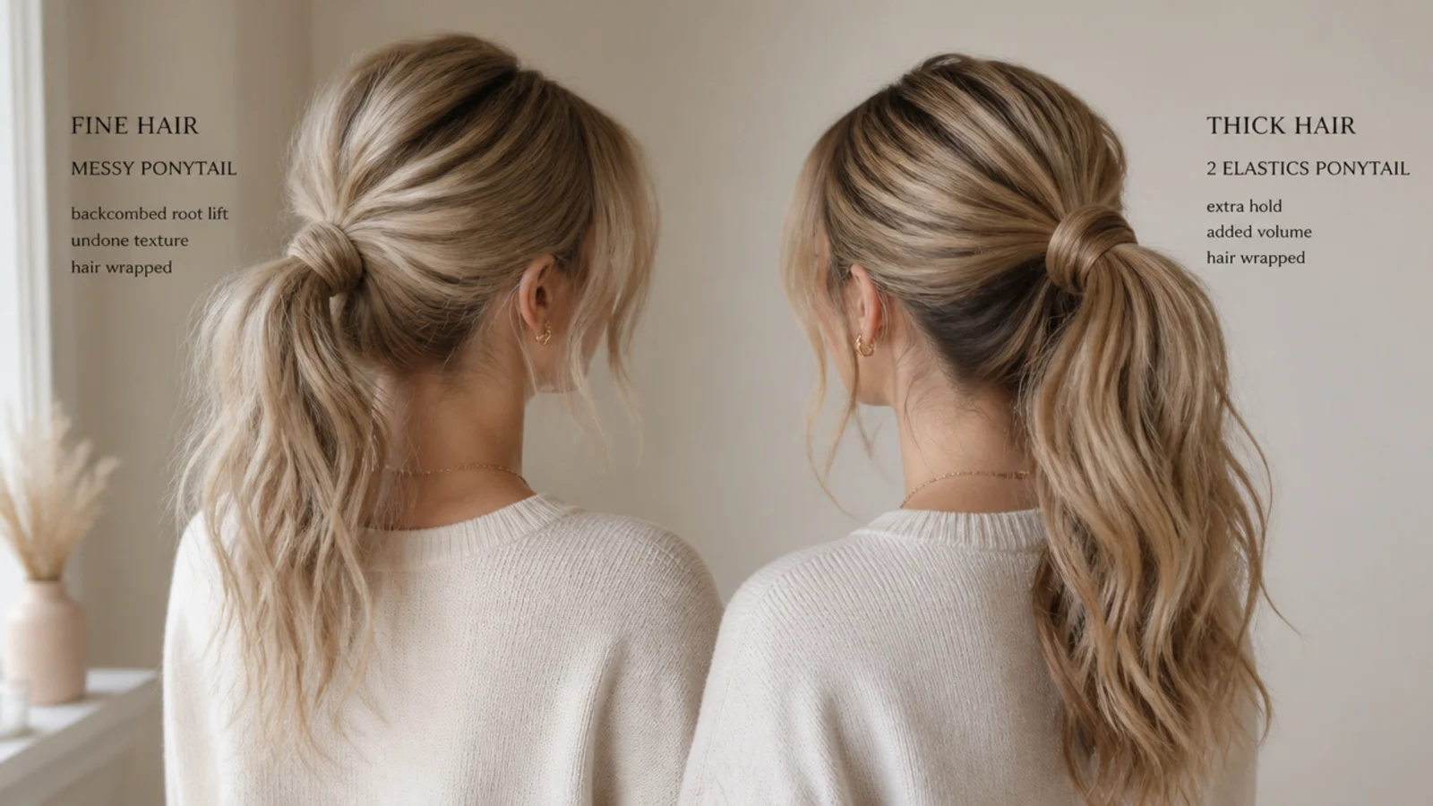 A split frame comparing a fine haired ponytail with a thick haired one
