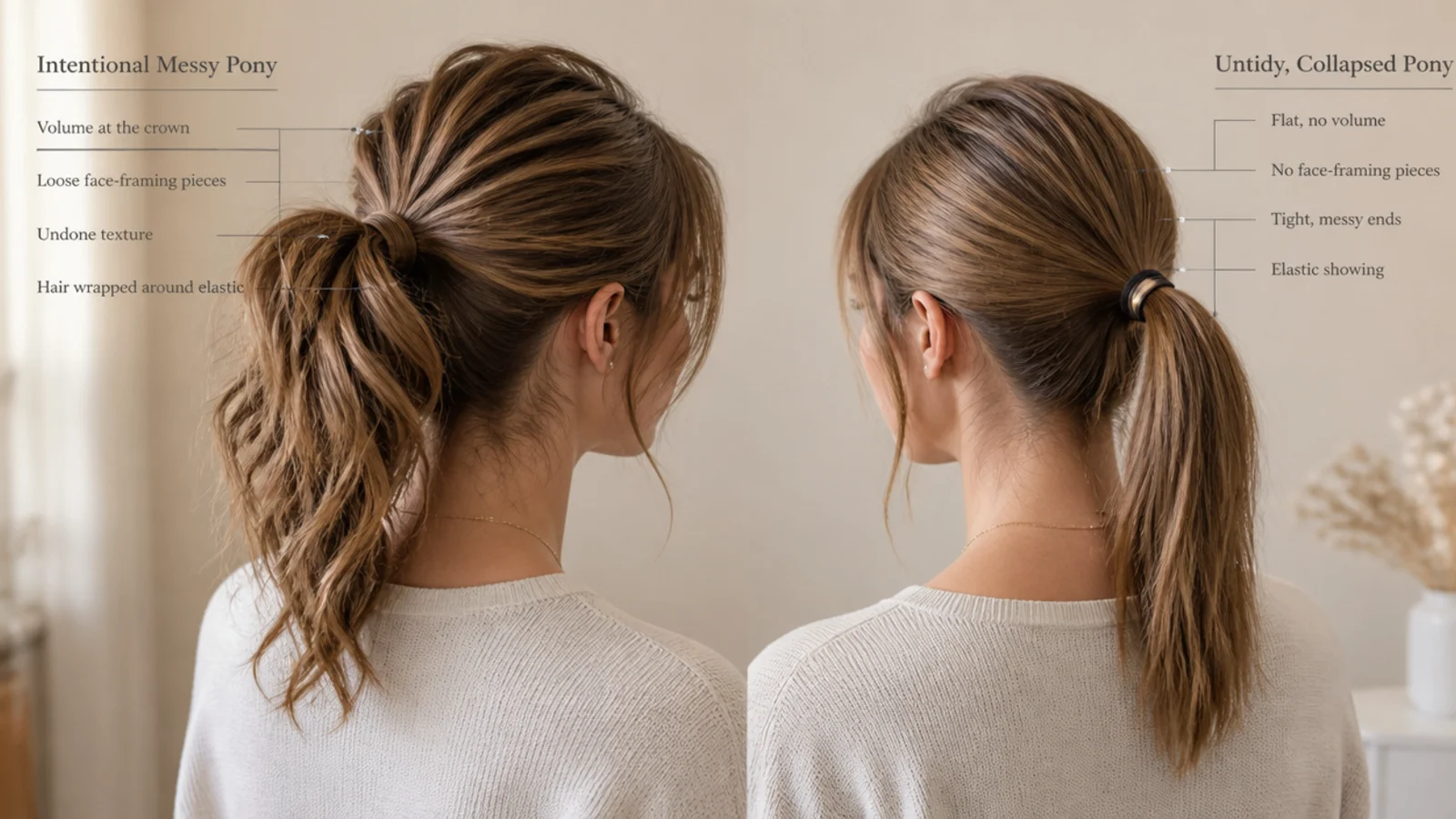 A ponytail with a wide textured crown and a clean secured base
