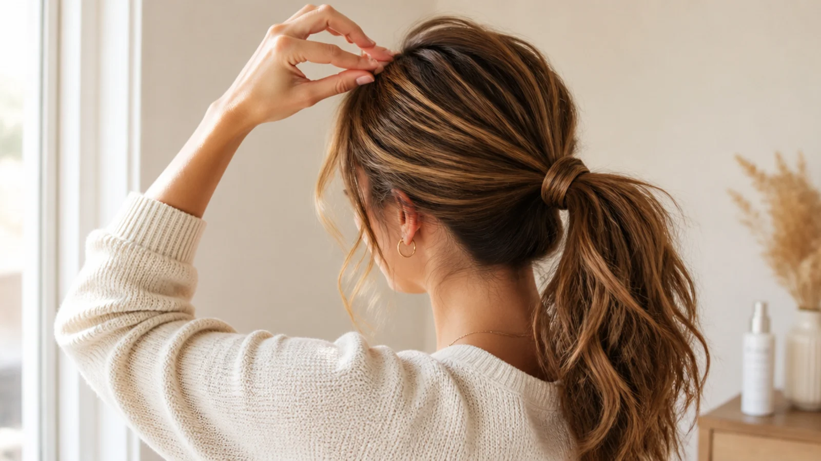 A close view of the hairline where a ponytail band sits under tension