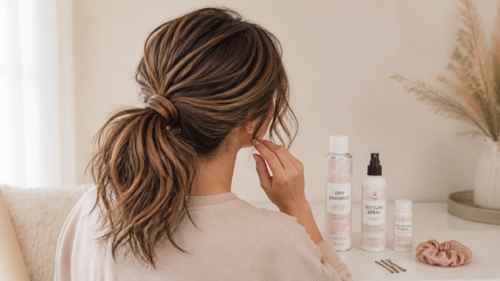 A dry shampoo, a texture spray and soft hair ties on a pale surface