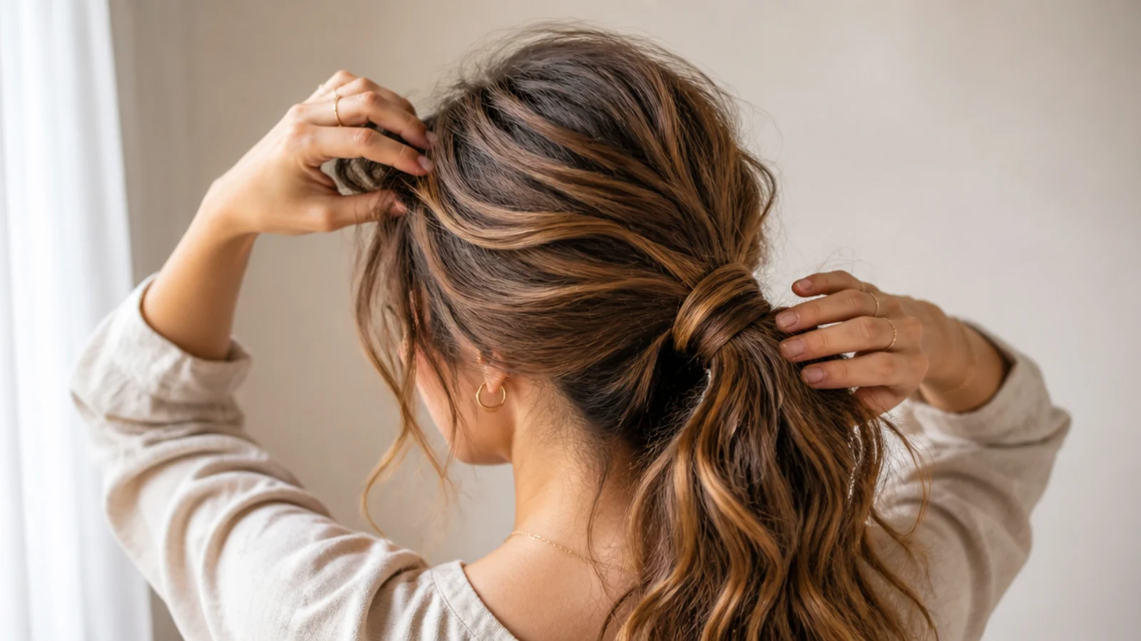 Fingers running back through loose hair instead of a brush