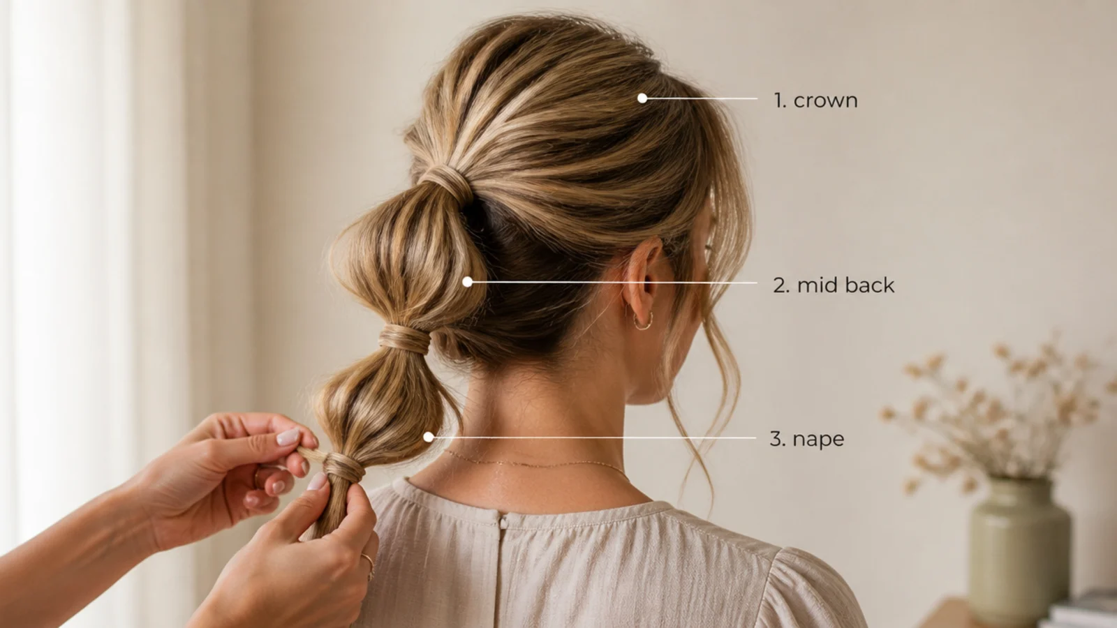 A hand marking the placement point at the back of the head before gathering