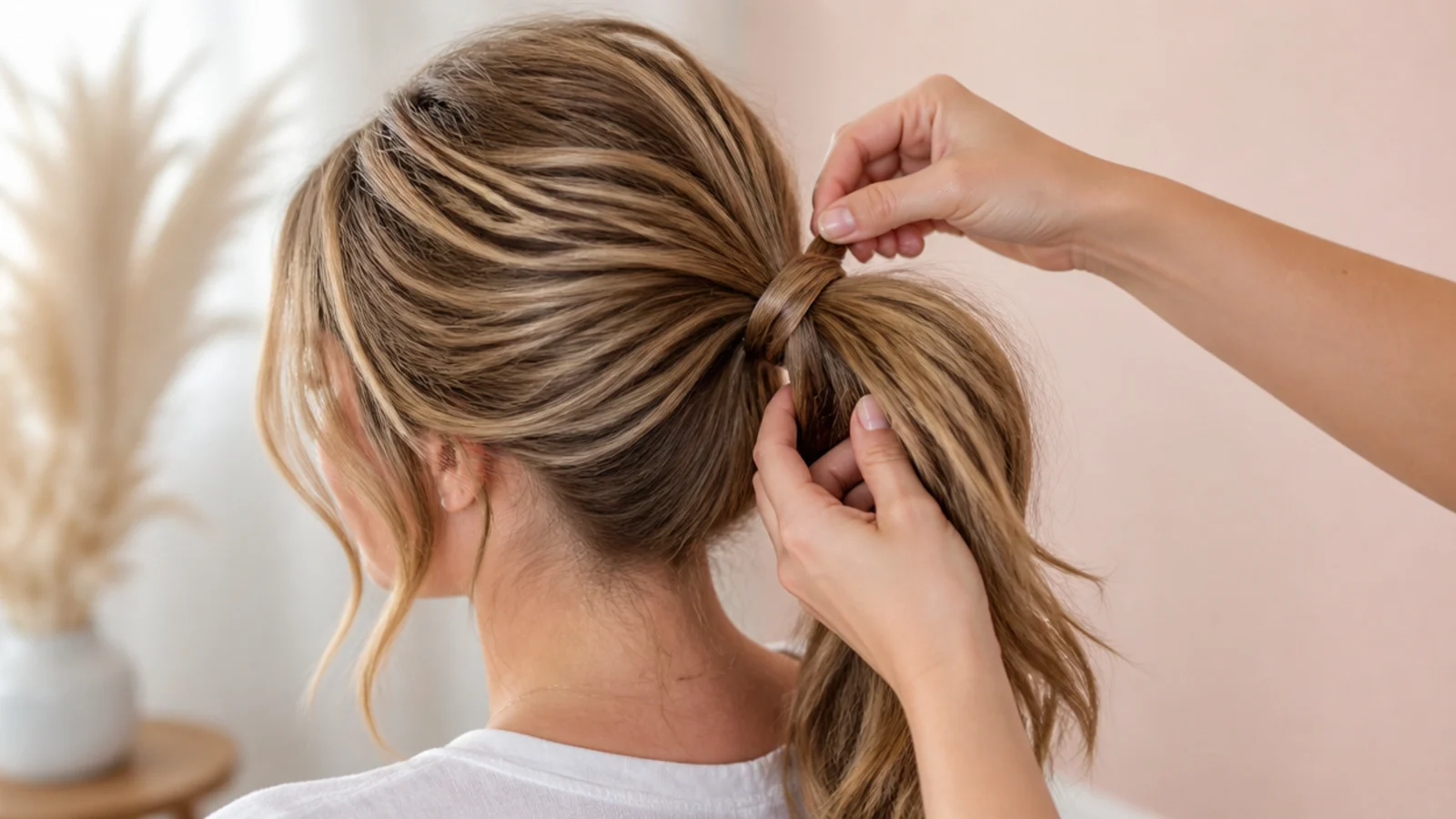 Hair being gathered by hand toward the back of the head
