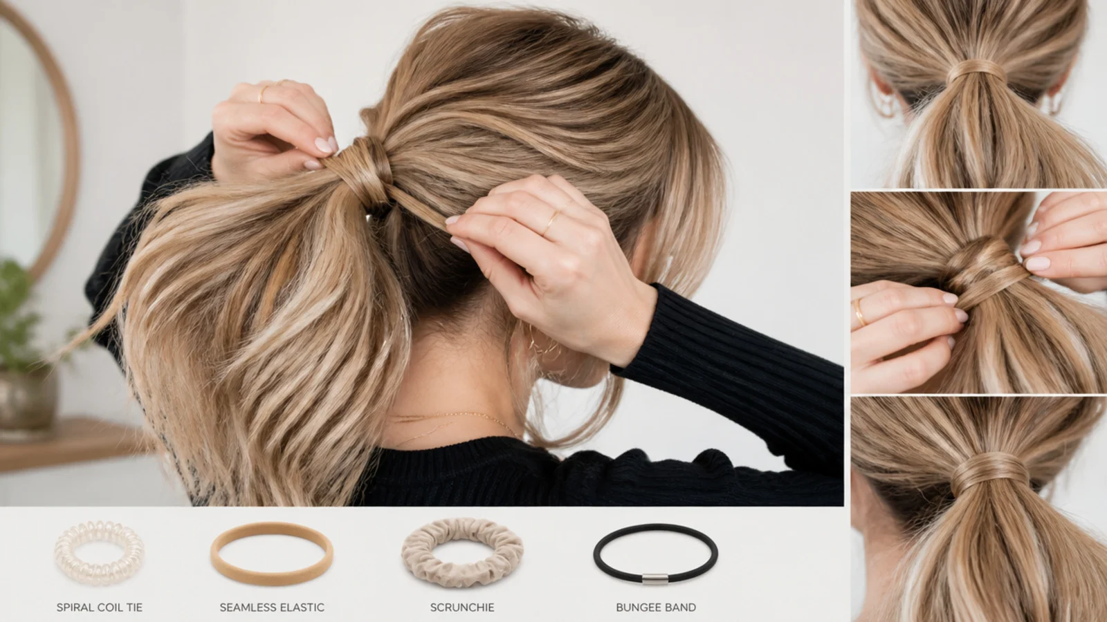 A fabric elastic, a scrunchie and a bungee band laid out together
