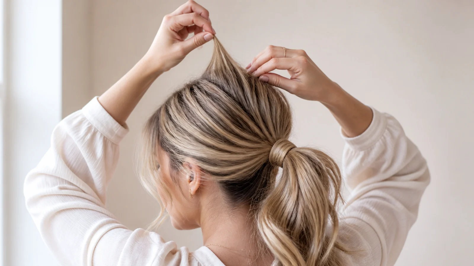 Fingers pinching and lifting small sections at the crown of a tied ponytail