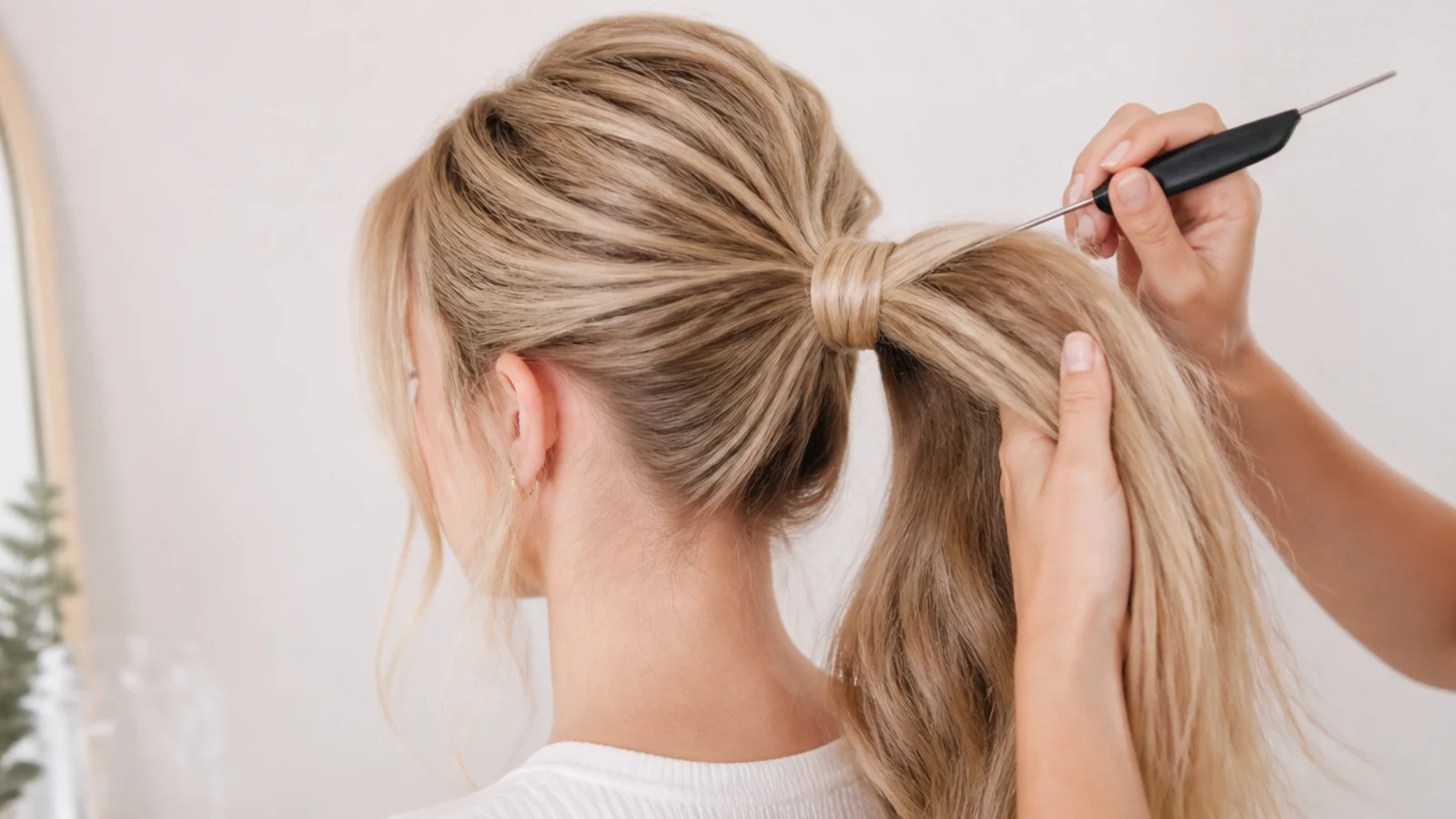 A tail comb backcombing the underside of a ponytail just below the elastic