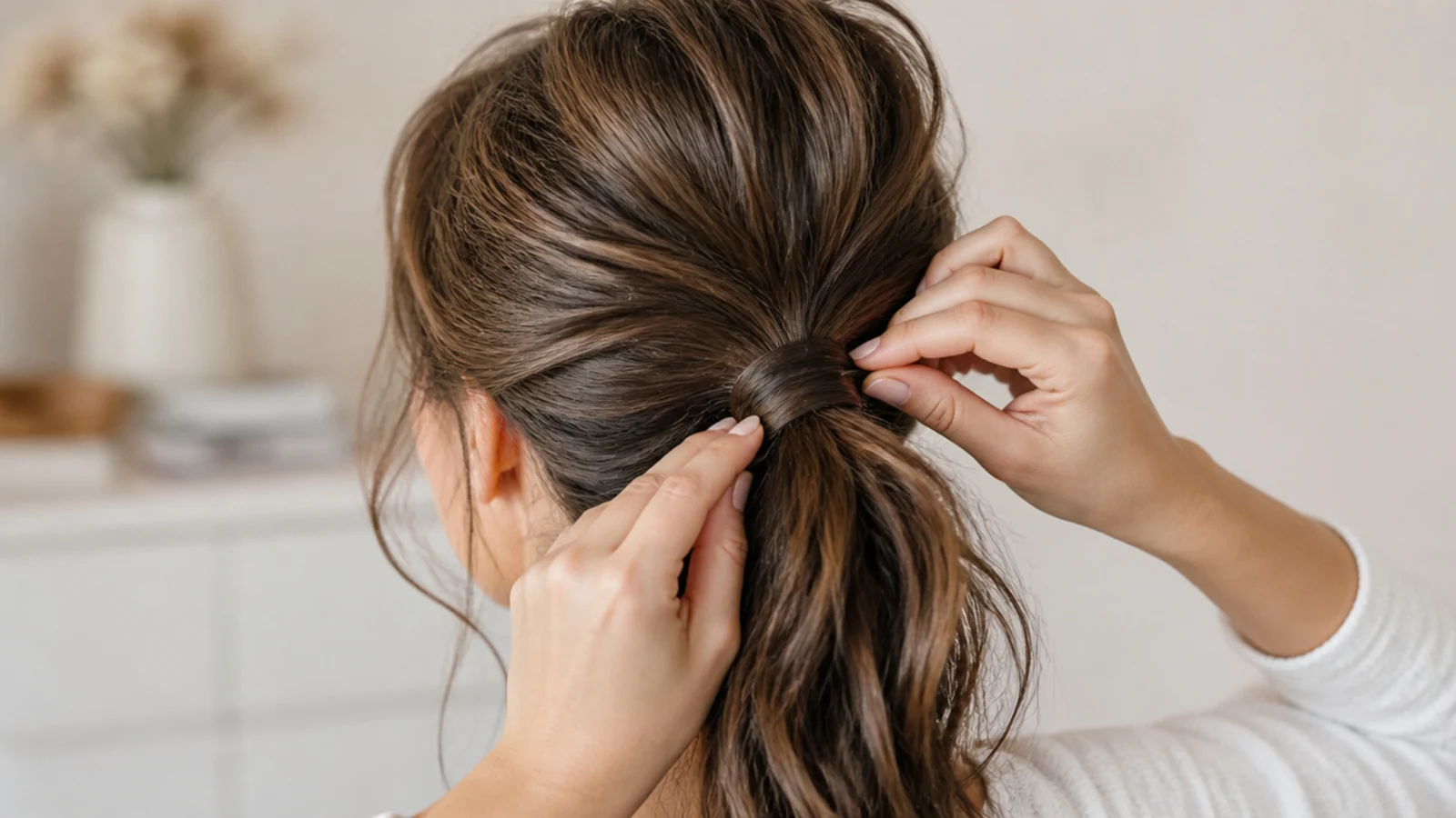 A strand being wound around the base of a ponytail to cover the band