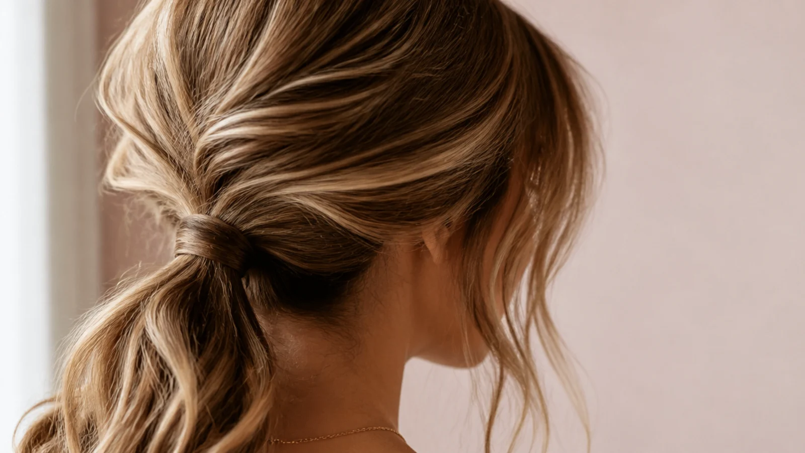 A simple low ponytail sitting at the nape with a soft textured length