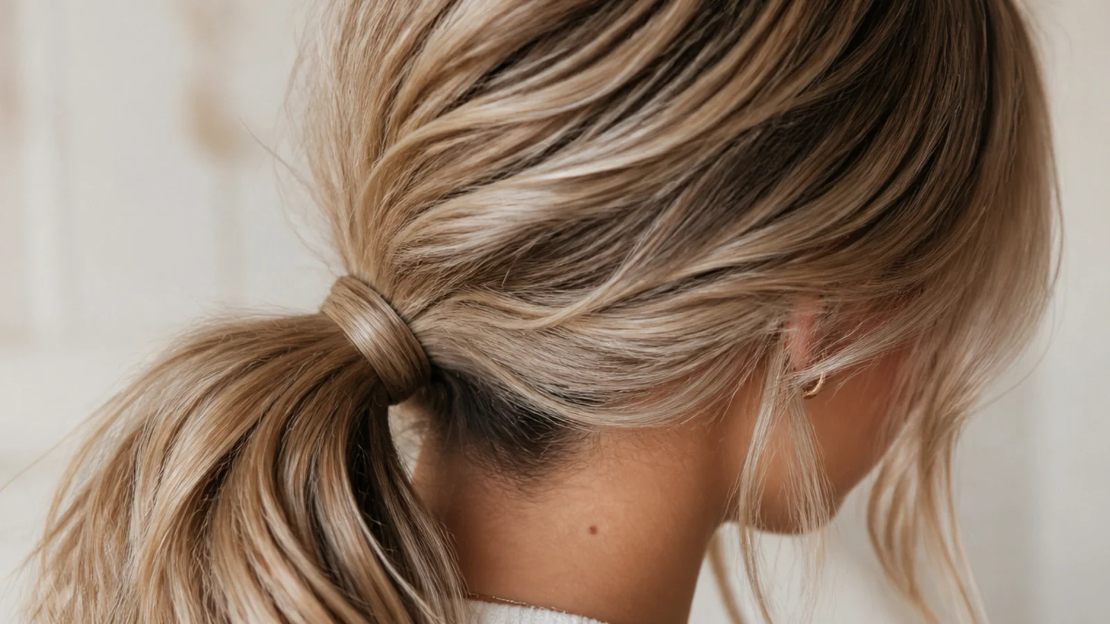 A strand of hair wound around a low ponytail base concealing the tie