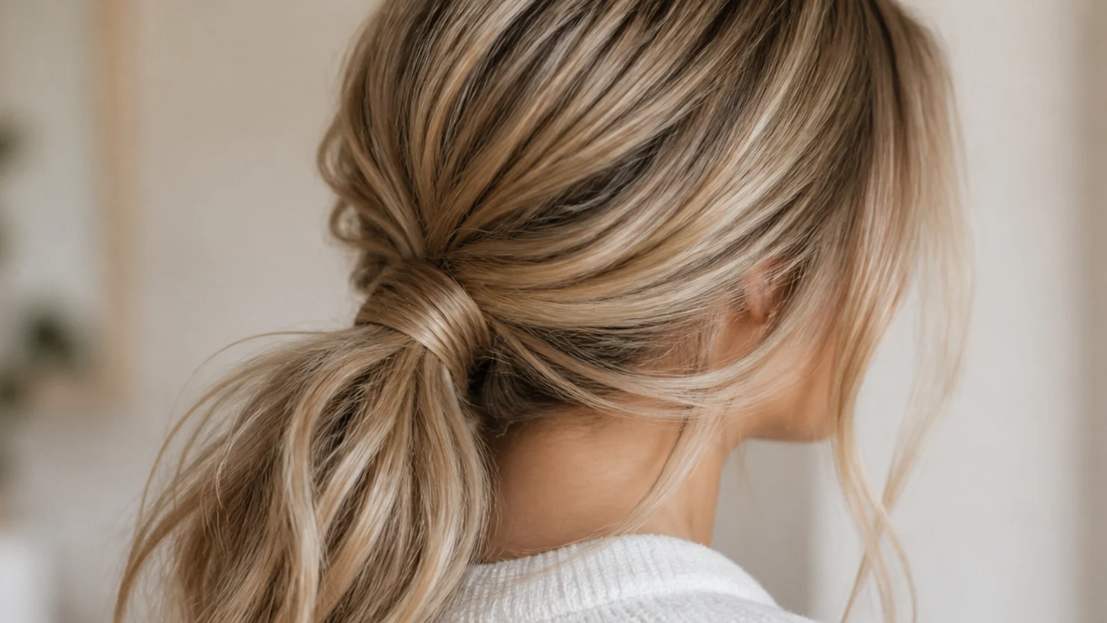 Fine strands falling at the temples above a low gathered ponytail