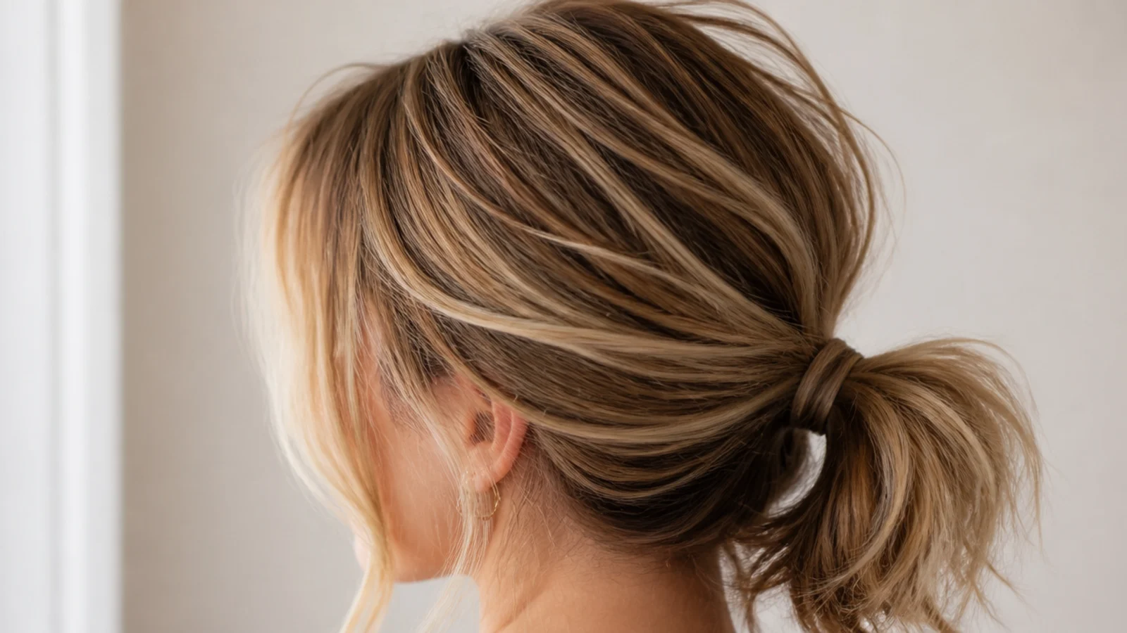 A low ponytail worn behind a soft parted fringe